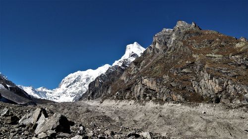 Scenic view of snowcapped mountains against clear blue sky