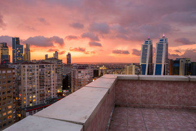 Skyscrapers against cloudy sky