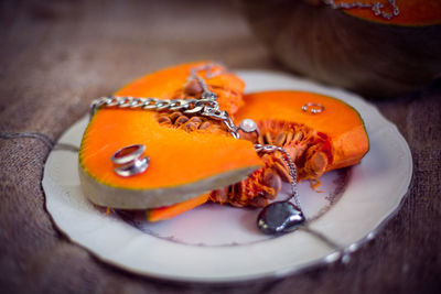 High angle view of ice cream in plate on table