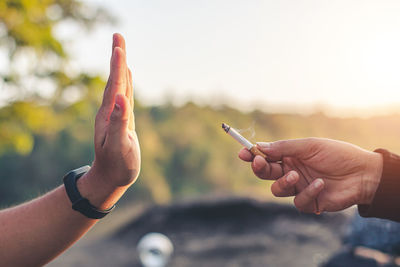 Cropped image of person hand against sky