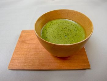 High angle view of tea in bowl on table