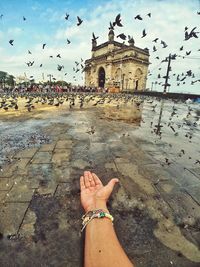 Low angle view of hand against building