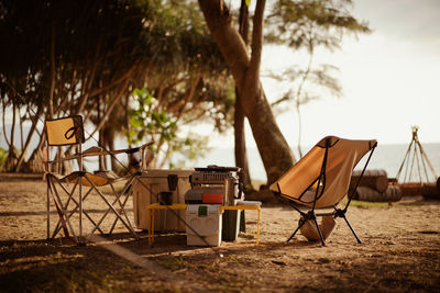 Empty chairs and tables in park