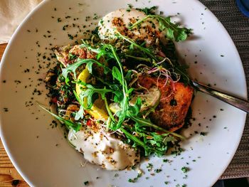 High angle view of food in plate on table