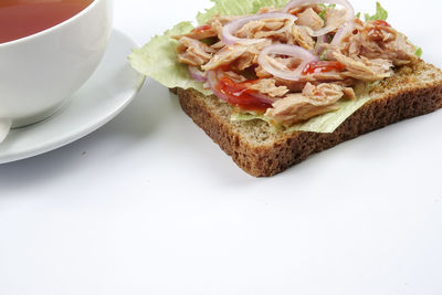 High angle view of breakfast served on table