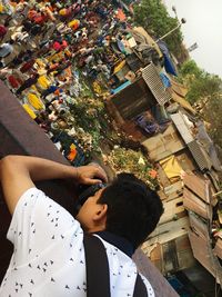 High angle view of people outside building