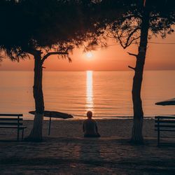 Rear view of woman sitting by sea against sunset sky