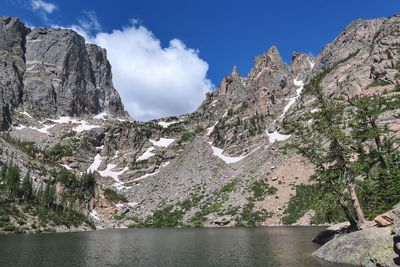 Scenic view of mountains and trees against sky