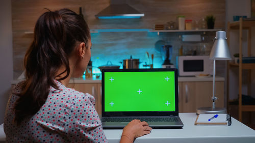 Rear view of young woman using laptop at home