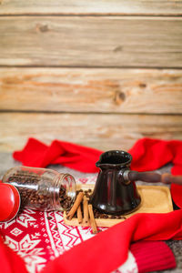 Close-up of wine bottles on table