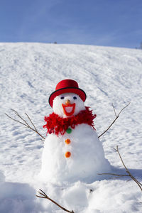  snowman with red hat and feather scarf