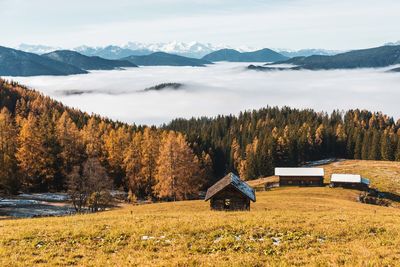 Wooden cabin in colorful autumn landscape above a sea of clouds, filzmoos, salzburg, austria.