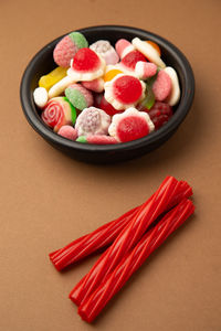 High angle view of fruits in bowl on table