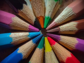 Close-up of multi colored pencils on table