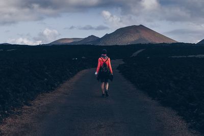 Rear view of man standing on mountain against sky