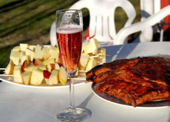 Close-up of food served on table