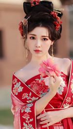 Portrait of young woman wearing santa hat