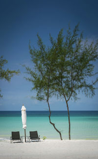 Rear view of chair on beach against sky