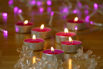 Close-up of illuminated candles on table