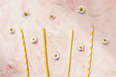 Paper straws on pastel pink with spring flowers background. recycle, environment conversation