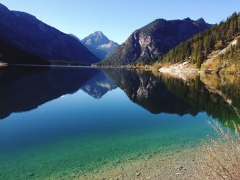 Scenic view of calm lake and mountains against clear sky
