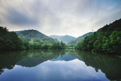 Scenic view of lake and mountains against sky