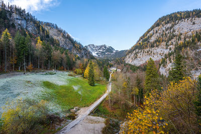 Panoramic view of trees and mountains against sky