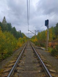 Railroad tracks amidst plants against sky