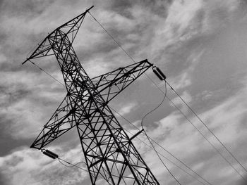 Low angle view of power lines against cloudy sky