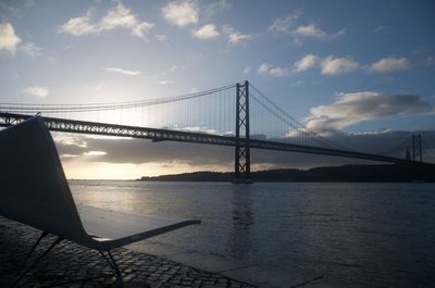 Suspension bridge over sea against sky