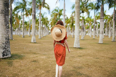 Rear view of person standing by tree on field