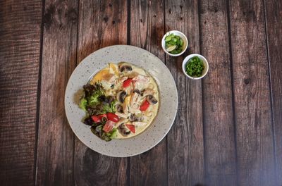 Directly above shot of meal served on table