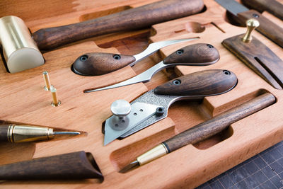 High angle view of work tools on table