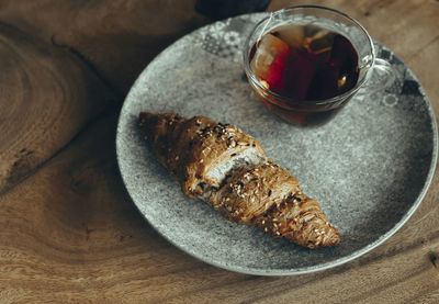 High angle view of food in plate on table