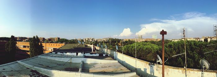 High angle view of buildings against sky