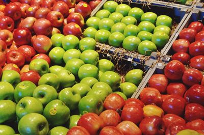 High angle view of apples for sale at market stall