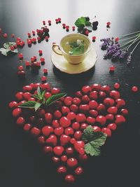 High angle view of fruits in glass on table