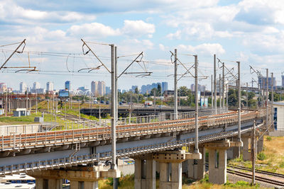 Train on railroad track against sky