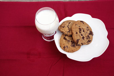 Chocolate chip cookies on a white plate with whole milk in a glass on a red tablecloth