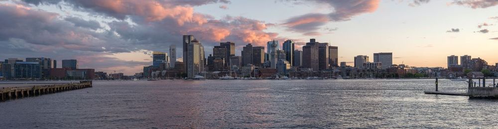 Panoramic view of city at sunset
