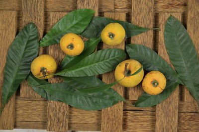 Directly above shot of fruits in basket on table