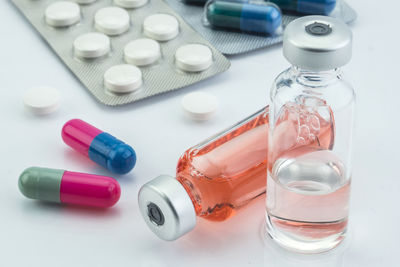 High angle view of bottles on table