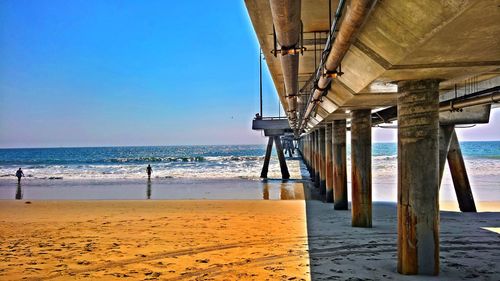 Scenic view of beach against clear blue sky