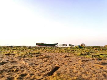 Boats moored against clear sky