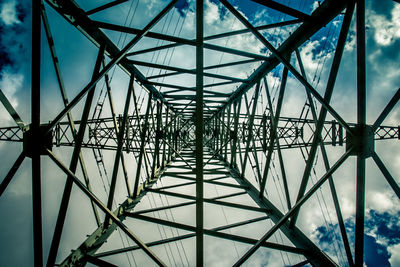 Low angle view of electricity pylon against sky
