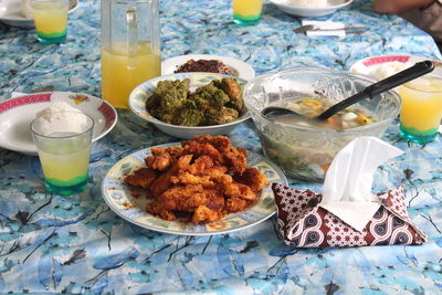 High angle view of food served on table
