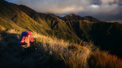 Rear view of people walking on mountain against sky