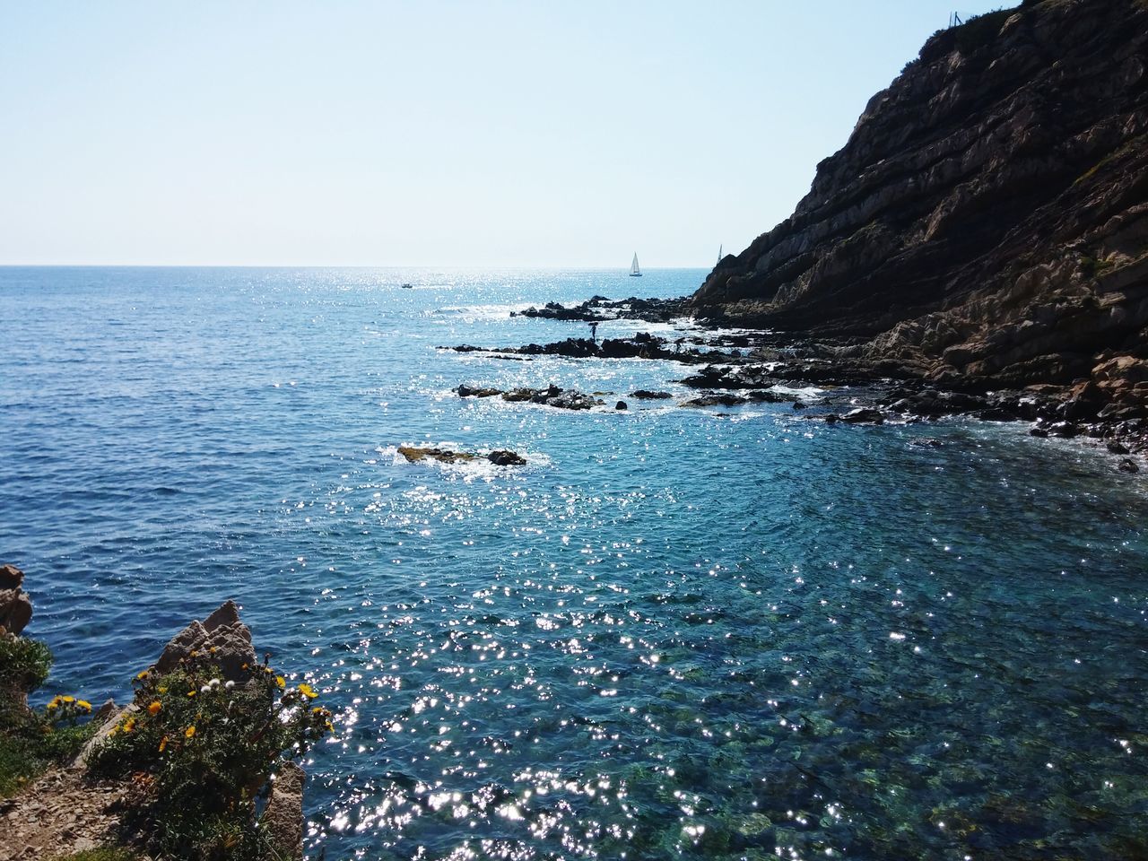 water, sea, clear sky, tranquil scene, tranquility, scenics, beauty in nature, horizon over water, blue, nature, rock - object, copy space, idyllic, rippled, sky, beach, day, shore, sunlight, remote