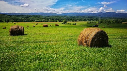 Hay bales on field against sky