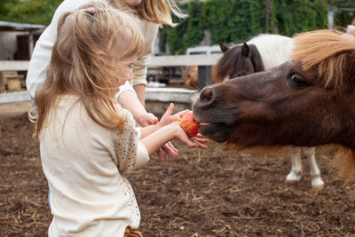 Side view of girl with goat